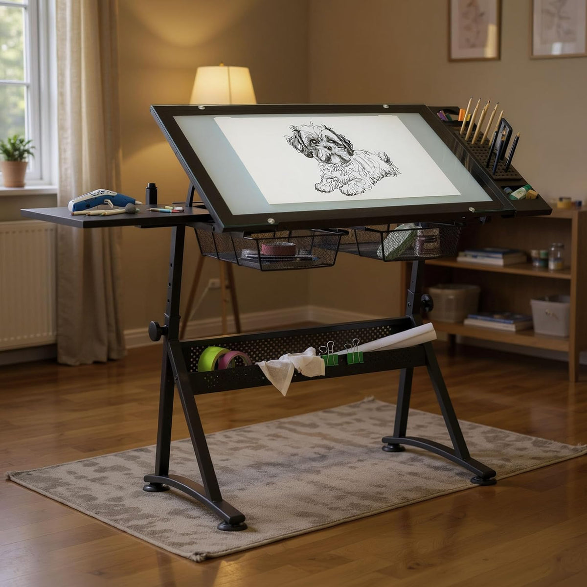 Studio Designs Fusion Drafting Table with Integrated LED Light Pad, Height & Angle Adjustable Tempered Glass Light Table, Artograph Light Pad, Storage Drawers & Side Shelf