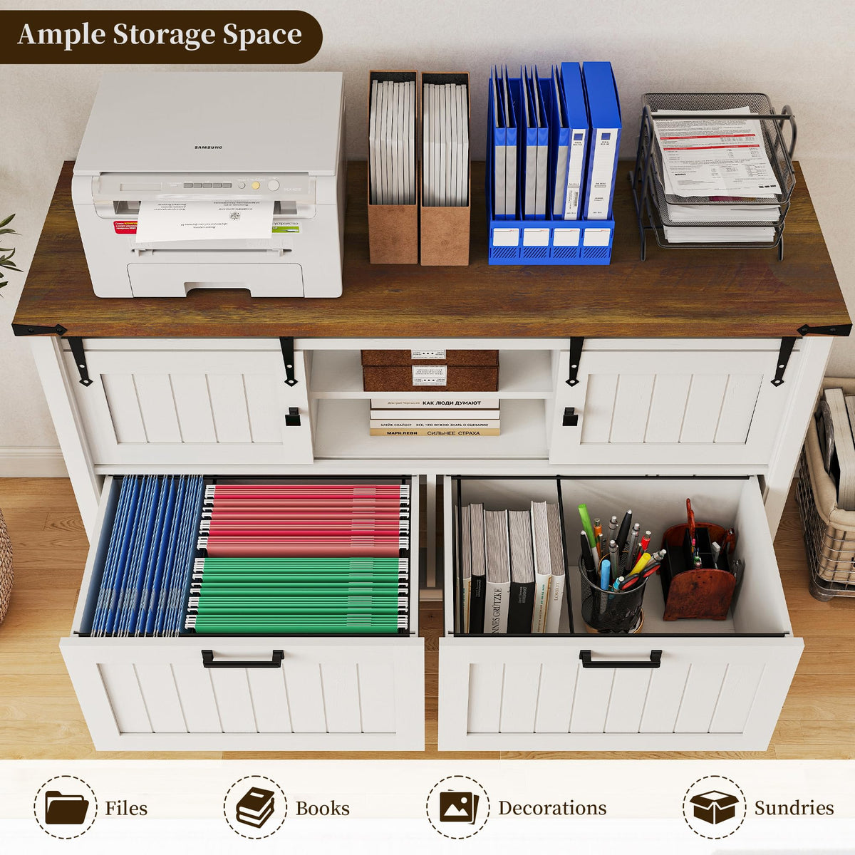 Farmhouse 3-Piece Home Office Set â 46" Wide 2-Drawer Lateral File Cabinet with Power Outlets & USB, Two 71" Tall 5-Tier Bookcases with Adjustable Shelves & Anti-Tip Kit, Black