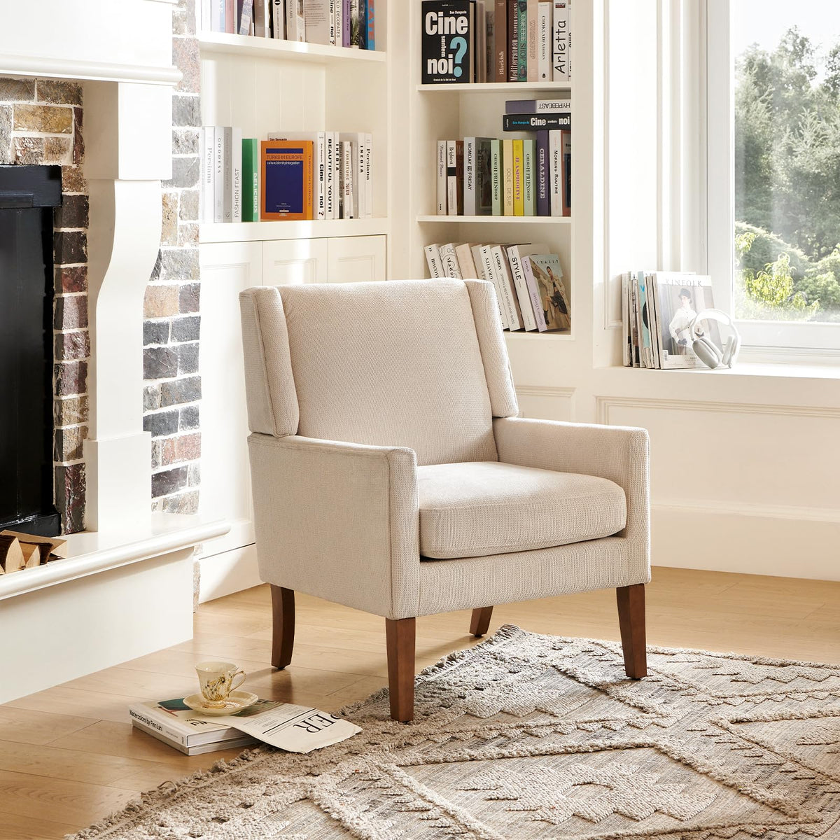 COLAMY Modern Wingback Living Room Chair, Upholstered Fabric Accent Armchair, Single Sofa Chair with Lounge Seat and Wood Legs for Office/Bedroom/Reading Spaces, Beige