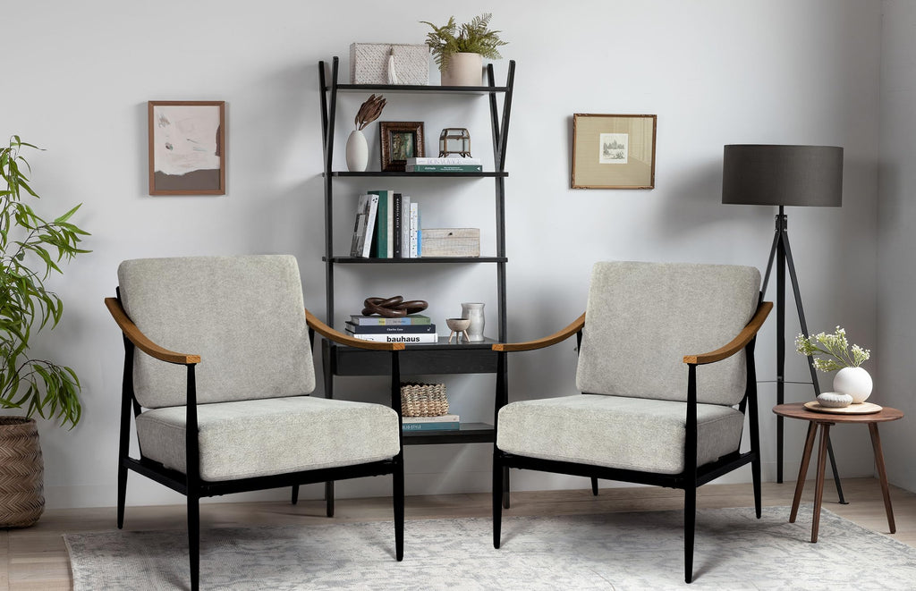 RNKSFX Modern Accent Chairs Set of 2 for Living Room Bedroom Mid Century Arm Chairs Upholstered Office Accent Chairs Comfy Waiting Room Chairs with Metal Frame, Beige