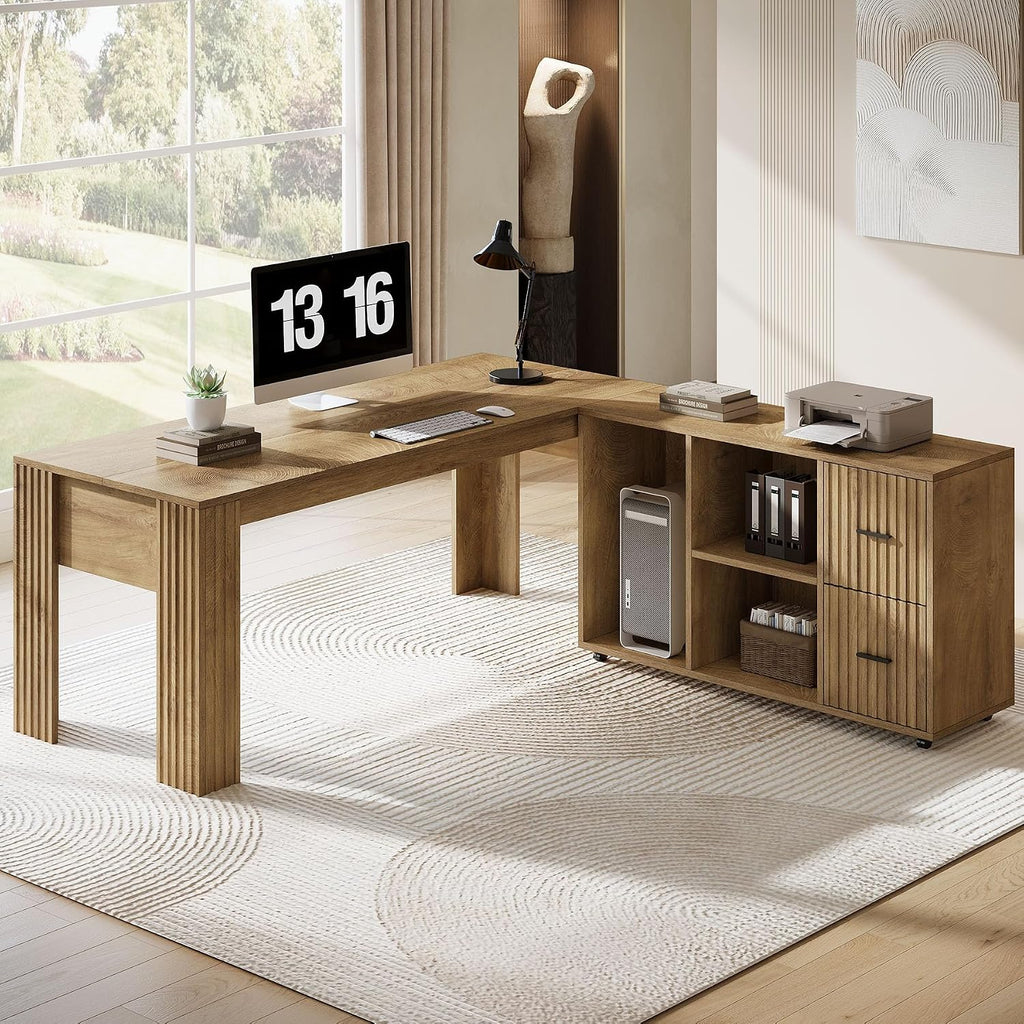 Tribesigns 63" L Shaped Executive Desk with Mobile File Cabinet, Brown