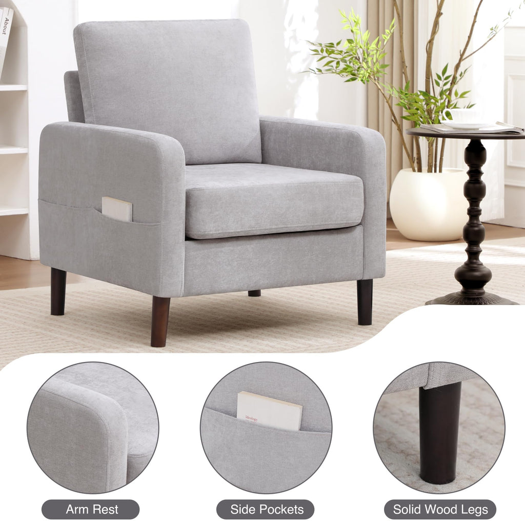 Accent Chair Set of 2, Upholstered Living Room Chairs with Wood Legs and Side Pockets, Modern Reading Chair for Bedroom, Armchair Single Sofa Side Chair for Office, Small Room, Dark Grey