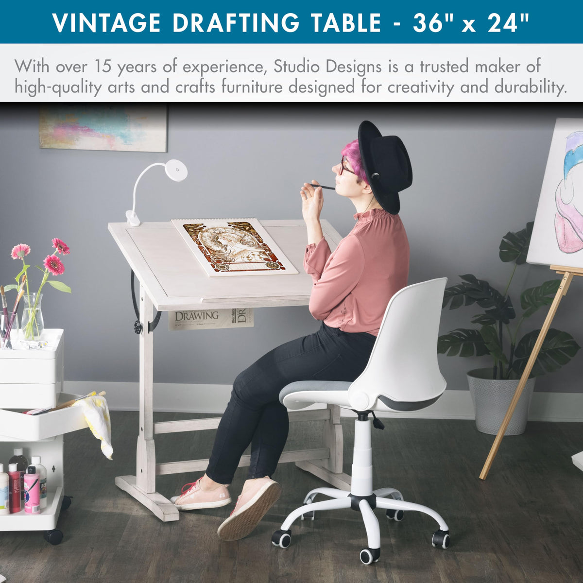 Studio Designs Vintage Drafting Table - Antique Design Solid Wood Drafting Table with Built-In Pencil Groove and Pencil Ledge - Angle Adjustable Work Surface