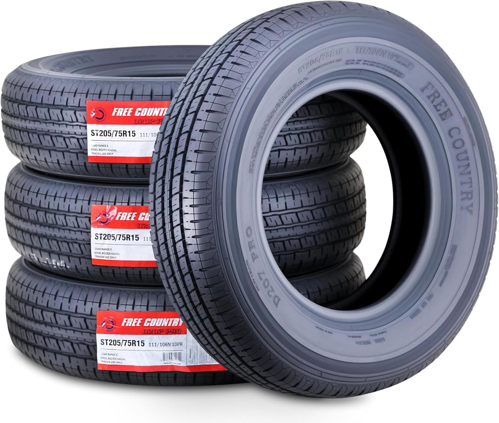 Free Country HD Trailer Tires ST205/75R15 10PR LRE 111N w/Scuff Guard, Set4