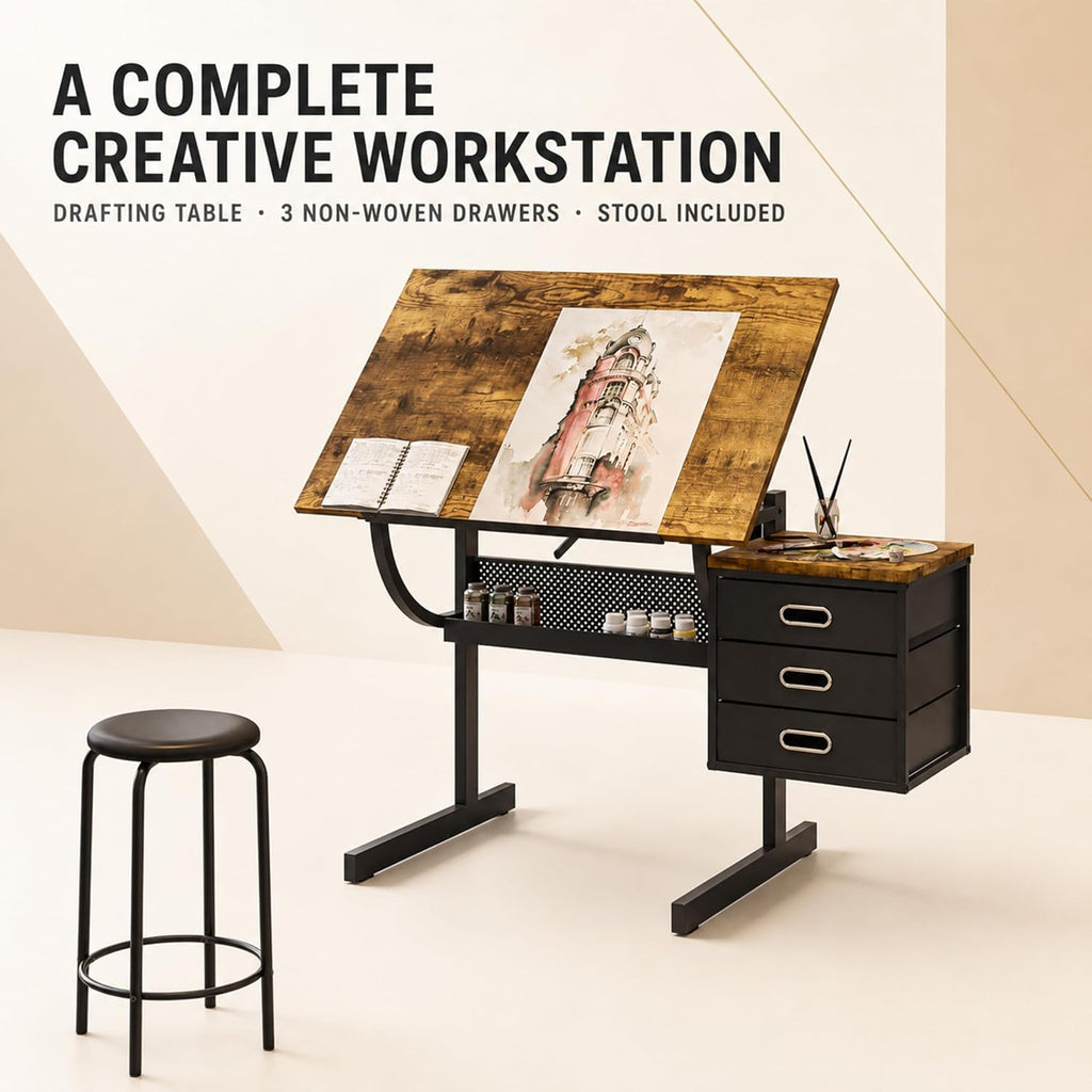Artist Desks, Drafting Table with Stool & 3 Storage Drawersï¼Black