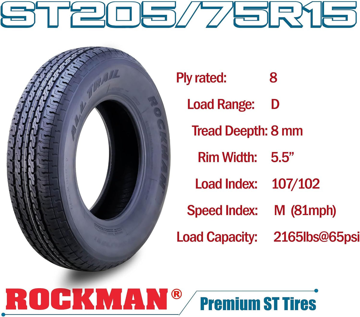 ROCKMAN Trailer Tire ST205/75R15 8-Ply Load Range D 107M Radial 11166, Set4