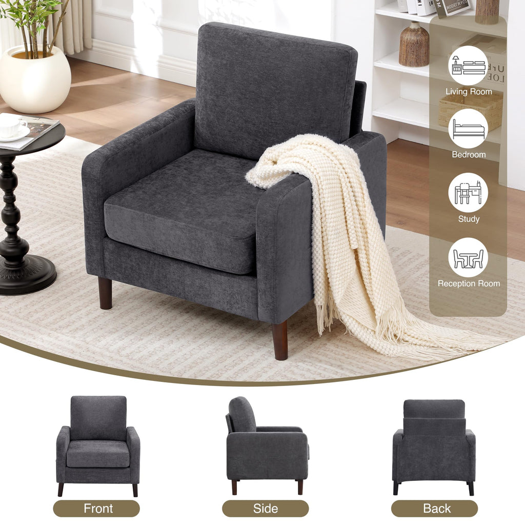 Accent Chair Set of 2, Upholstered Living Room Chairs with Wood Legs and Side Pockets, Modern Reading Chair for Bedroom, Armchair Single Sofa Side Chair for Office, Small Room, Dark Grey