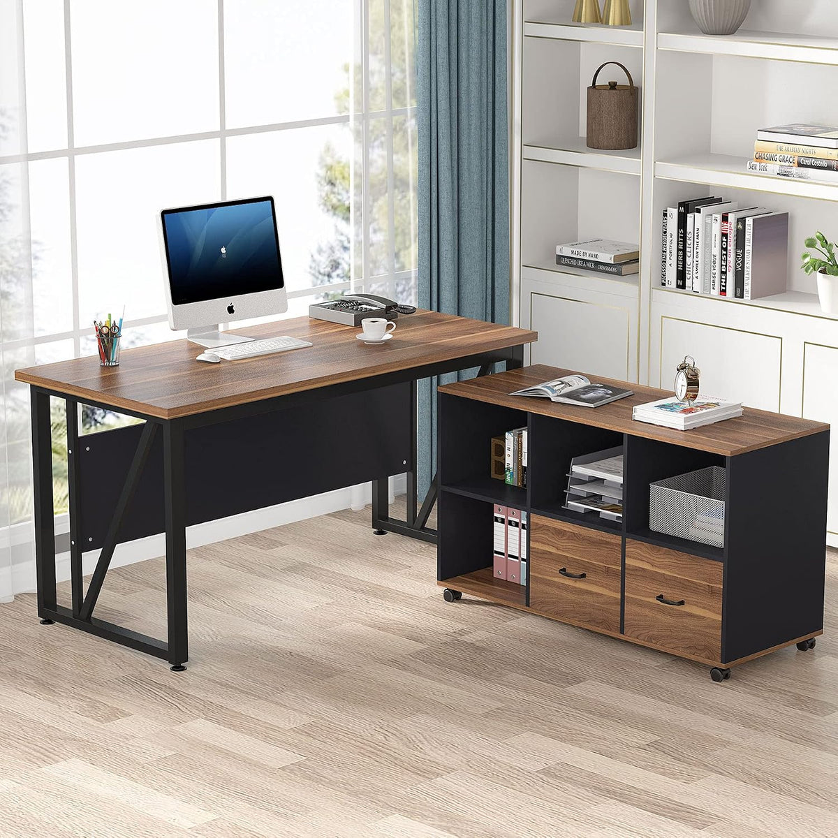 Tribesigns 55 inches Executive Desk and 43" lateral File Cabinet, L-Shaped Computer Desk Home Office Furniture with Drawers and Storage Shelves, Office Table with Cabinet