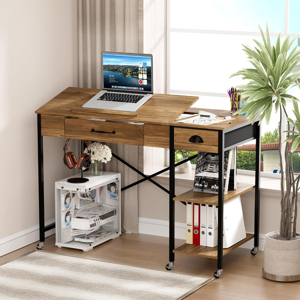 Rolling Drafting Table, Crafting Table with Storage, Computer Desk ï»¿