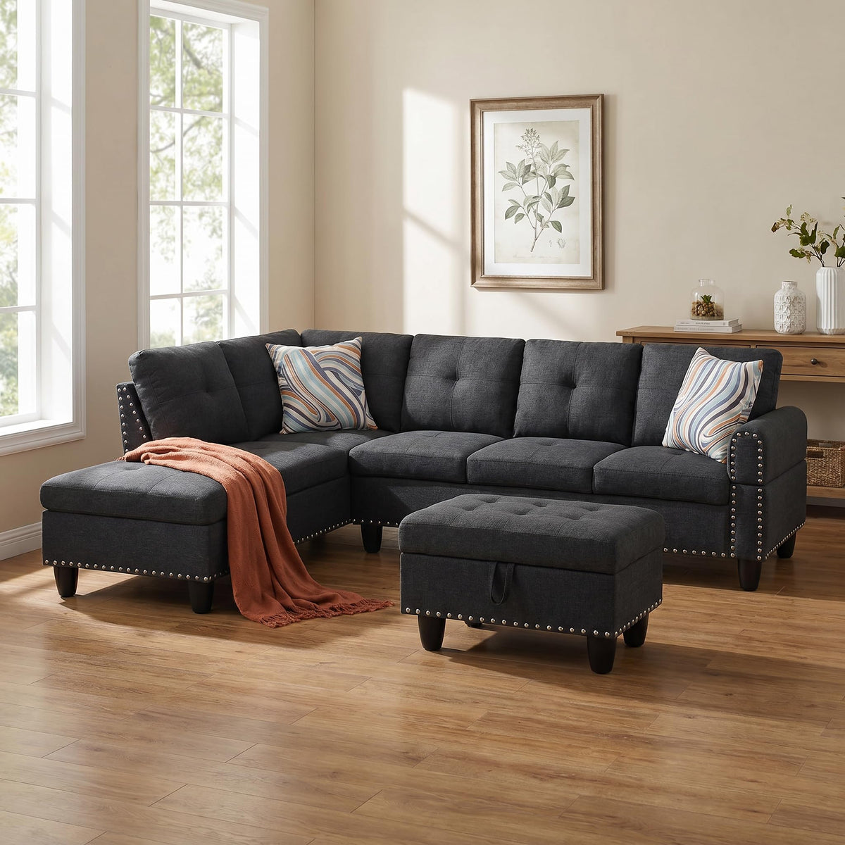 97.5" Leather L Shaped Couch with Left Chaise & Cup Holder, Sectional Sofas Modular Furniture Set with Storage Ottoman, Convertible Couches for Living Room, Office & Small Space (Black)