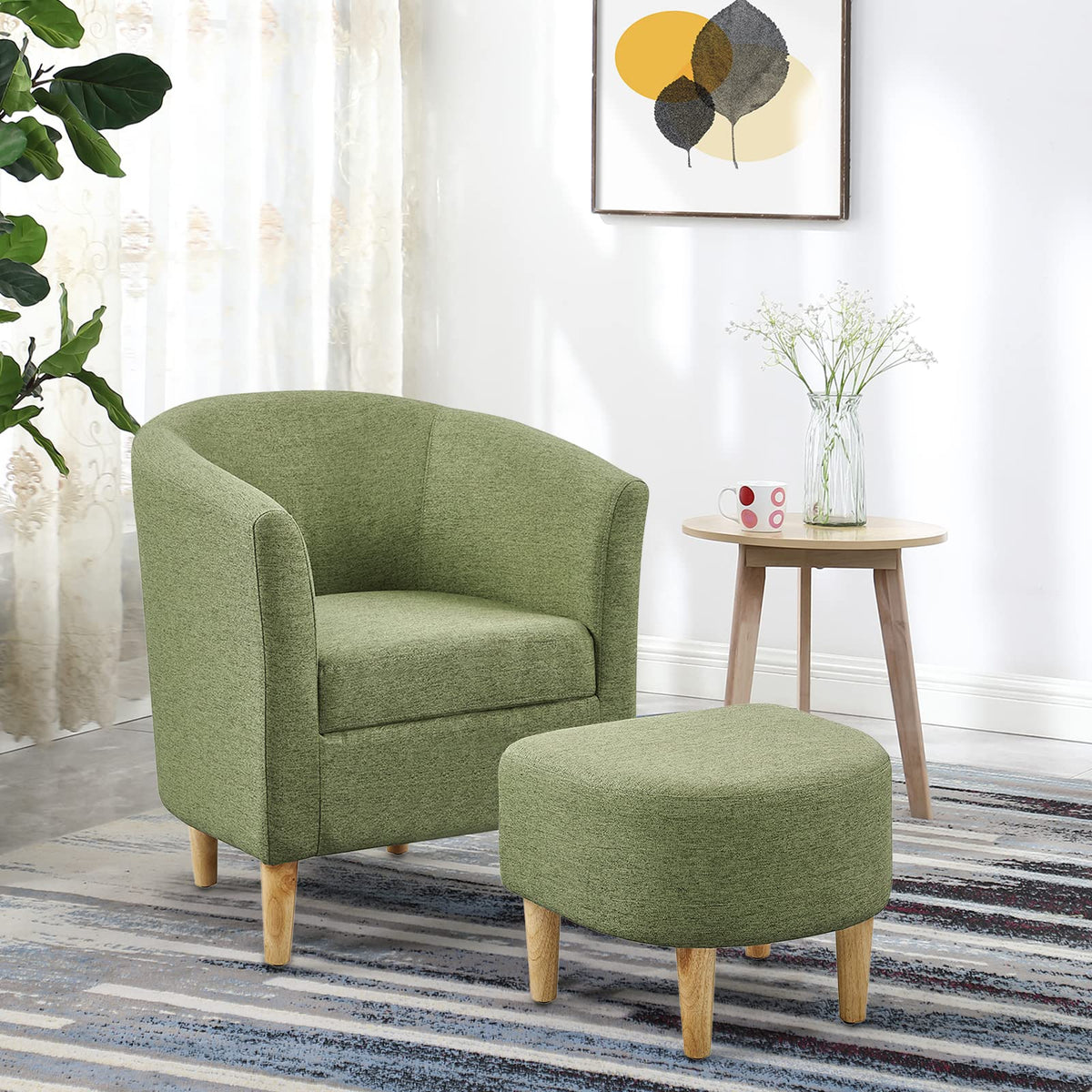 DAZONE Accent Chair with Ottoman, Modern Comfy Armchair Upholstered Barrel Club Chair and Footrest Set, Fabric Tub Arm Chairs for Living Room Bedroom Small Spaces Apartment Office, Set of 2, Gray