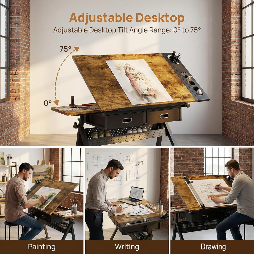 Drafting Table with Stool Height Adjustable Art Craft Desk with Storage, Tilting MDF Tabletop, Expansion Board, Drawing Table for Home Office, Artists, Painters (Rustic Brown)