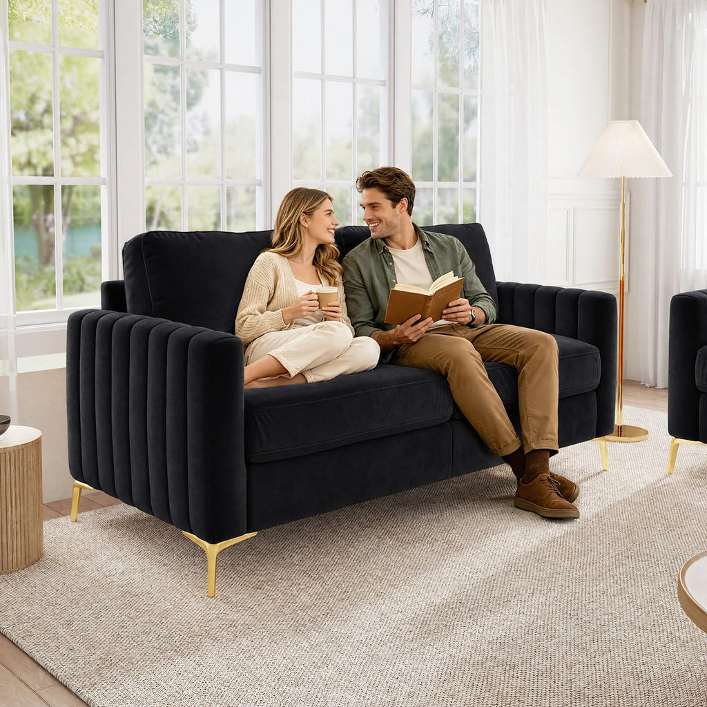 2 Piece Sofa and Loveseat Set, Comfy Tufted Velvet Couch and Loveseat Sets Furniture with Gold Leg, Mid Century Modern Couch Soft Upholstered Sofa Set of 2 for Living Room Bedroom Office (Navy Blue)
