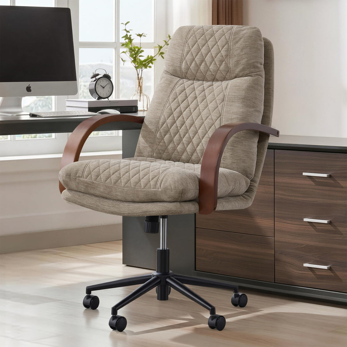 KISLOT Home Office Desk Chair, Ergonomic Office Chair with Lumbar Support, Adjustable Swivel Computer Chair with Wheels, Faux Leather Executive Task Chair with Wood Arms, Set of 2, Brown