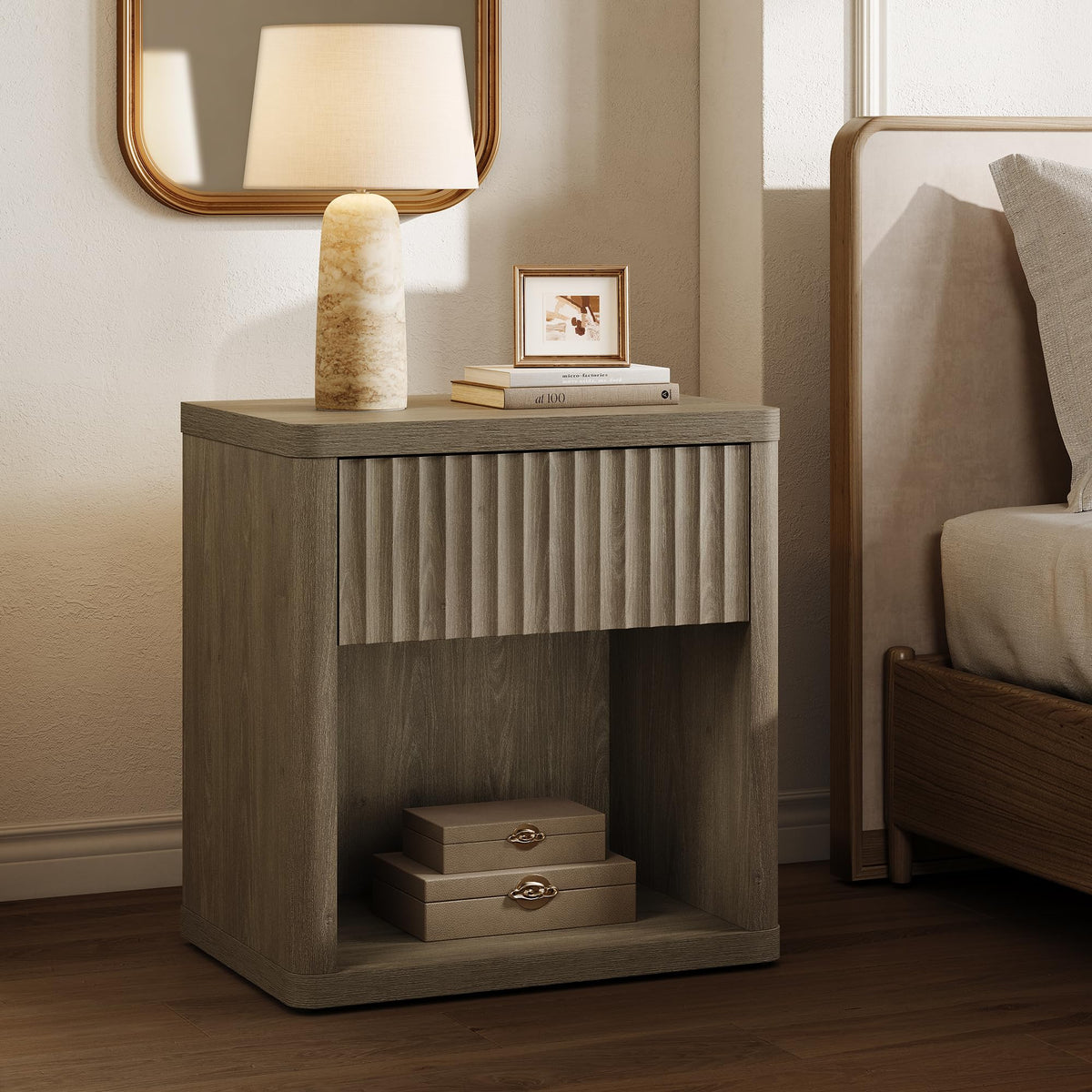 SICOTAS Night Stand Set of 2 Nightstands with Drawer Storage Fluted Bed Side Table End Table Large Modern Wide Bedside Stand Mid Century Night Stands for Bedroom Living Room Sofa Office, White Alder