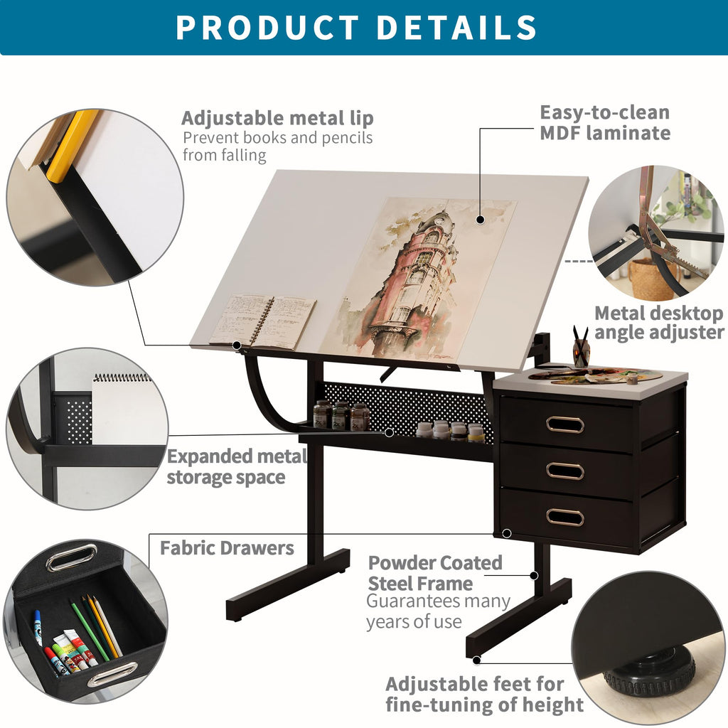 Montary Adjustable-Height Drafting Table with Stool Set - Professional Tilting Art Desk for Drawing, Crafting & Design, Featuring 3 Storage Drawers & Ergonomic Workstation (Rustic Brown)