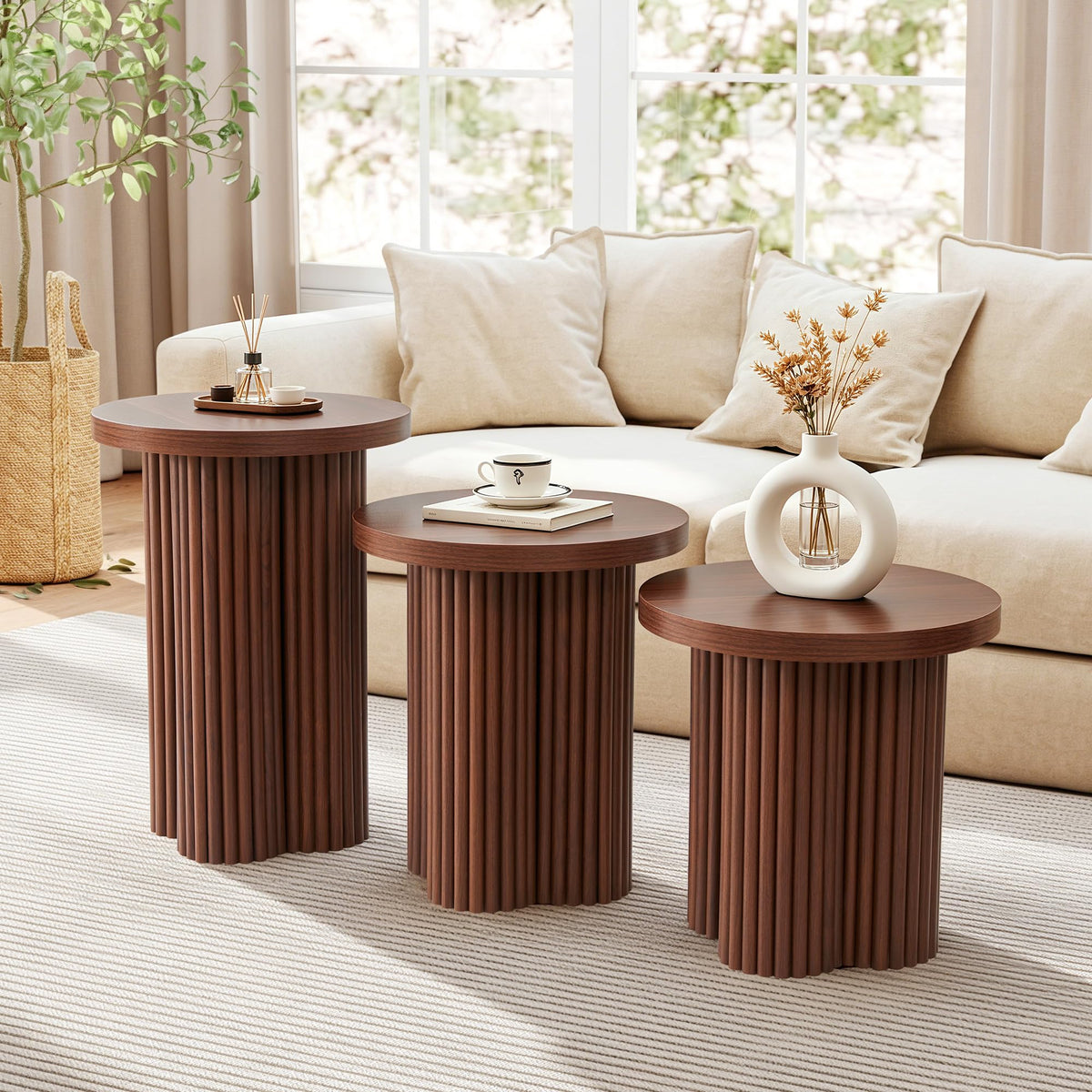 Round Nesting Coffee Table Set of 3 Fluted Coffee Table (Natural)