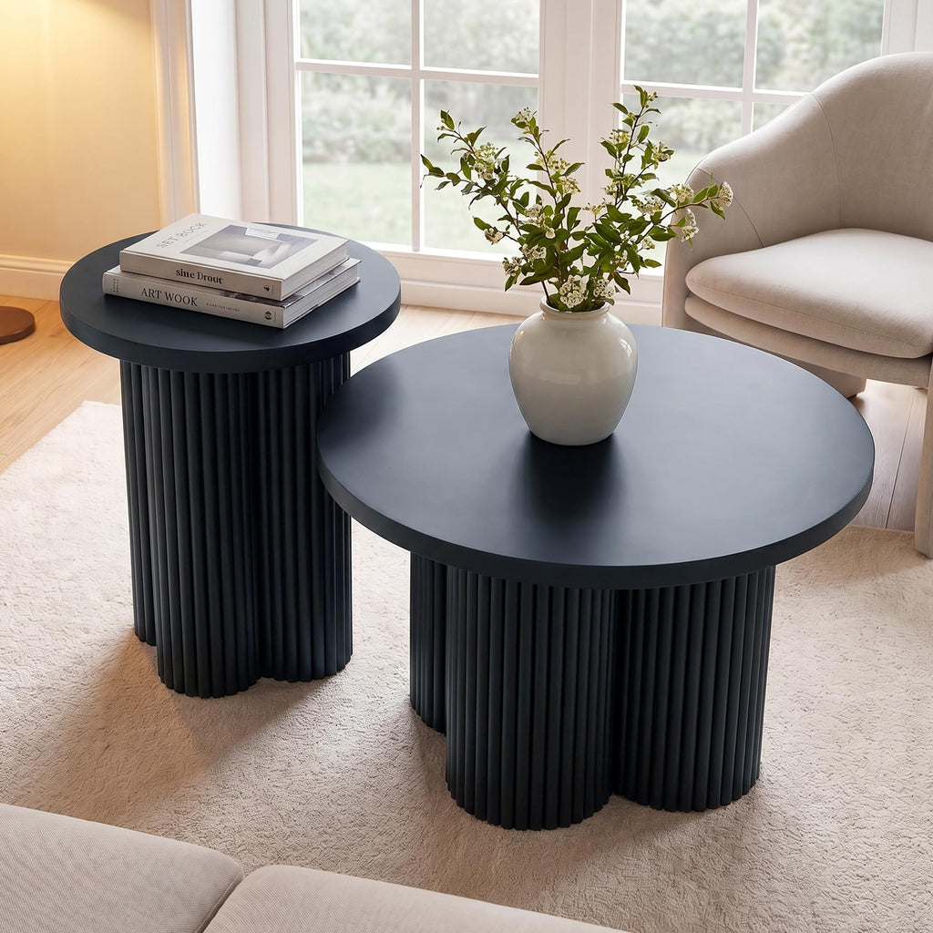 Round Nesting Coffee Table Set of 3 Fluted Coffee Table (Natural)