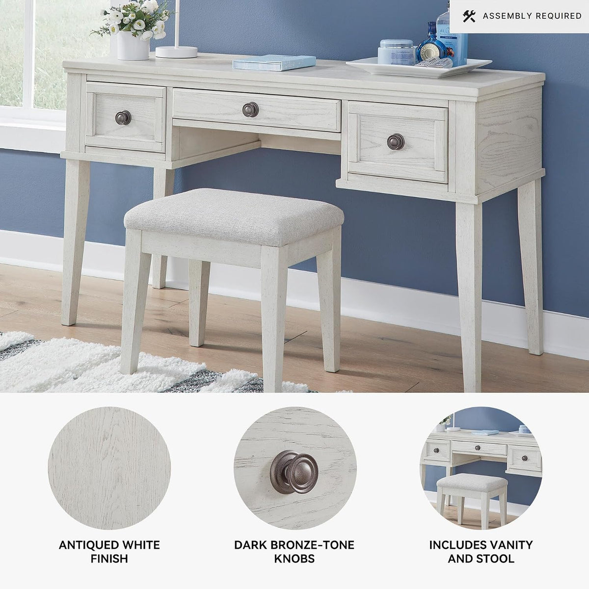 Signature Design by Ashley Makeup Vanity Desk with Stool, Antiqued White