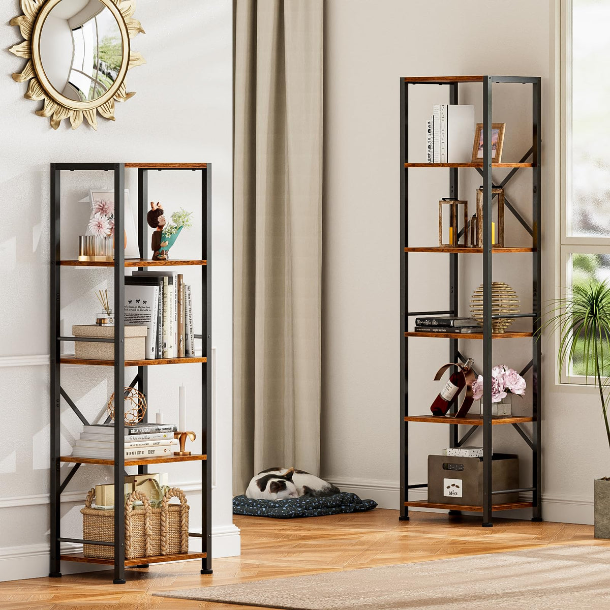 Furologee 5 Tier Book Shelf Set of 2, Tall Wide Bookshelf, Rustic Brown