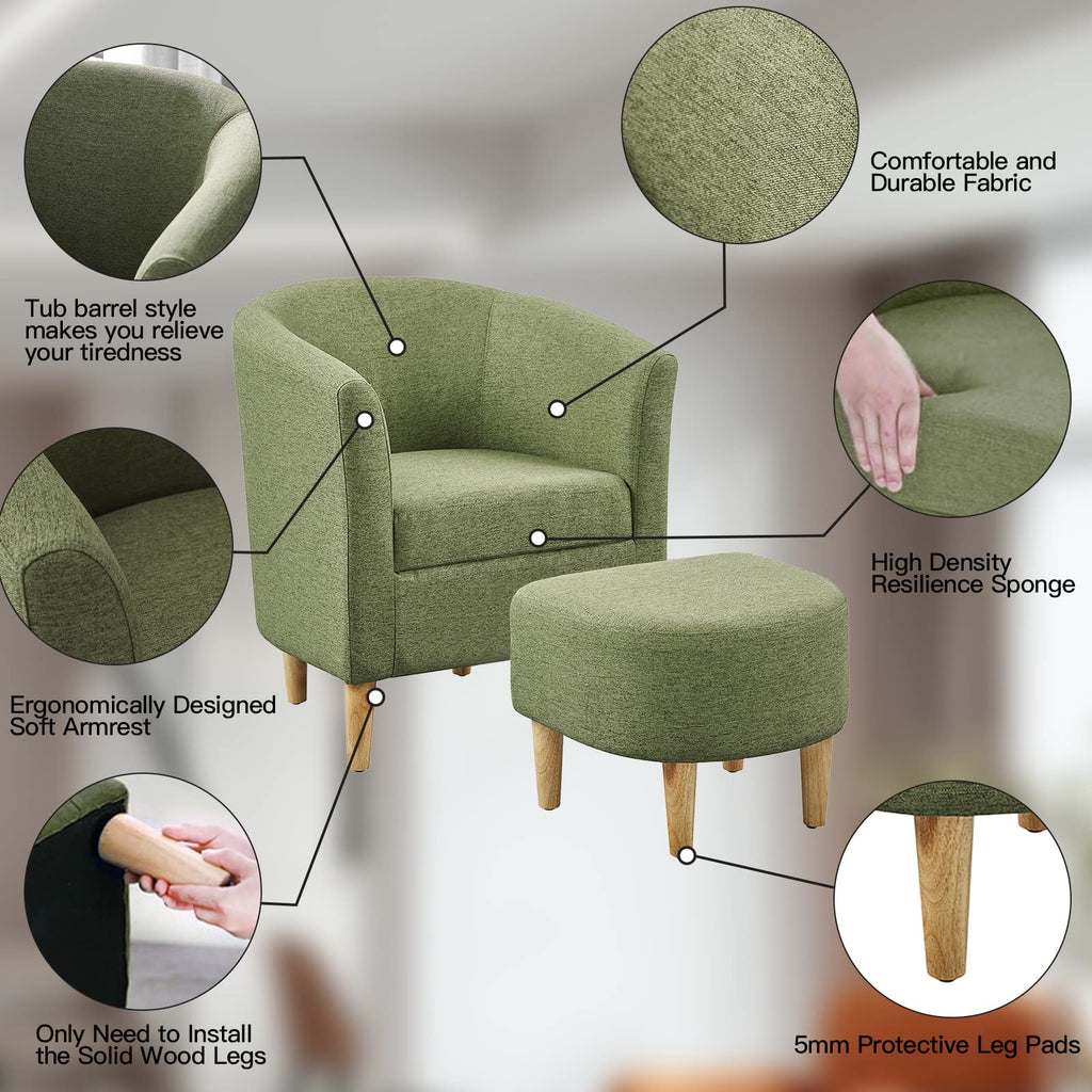 DAZONE Accent Chair with Ottoman, Modern Comfy Armchair Upholstered Barrel Club Chair and Footrest Set, Fabric Tub Arm Chairs for Living Room Bedroom Small Spaces Apartment Office, Set of 2, Gray