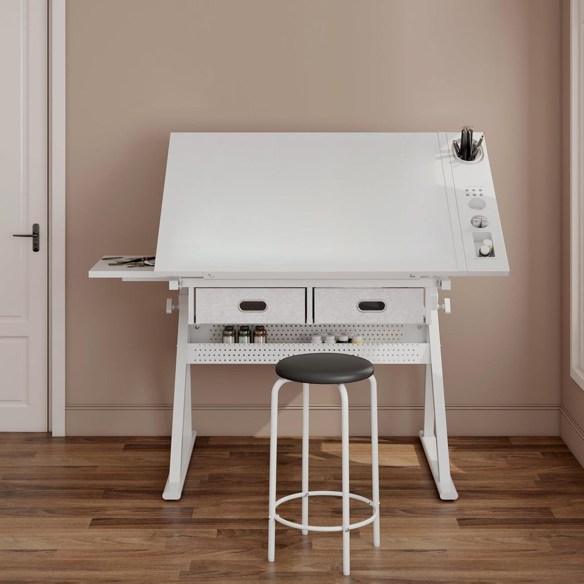 Adjustable Drafting Table with Stool, 0-75Â° Tilting Art Desk, White