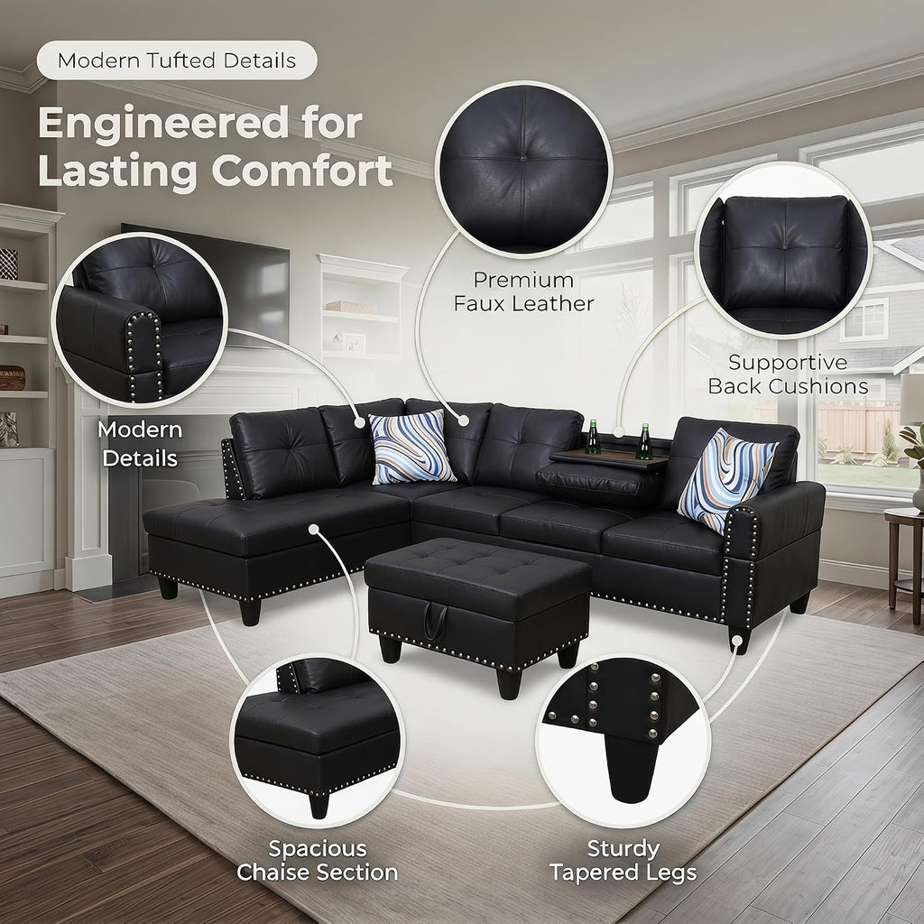 97.5" L-Shaped Modular Sectional Sofa with Movable Chaise & Storage Ottoman, 3 Piece Convertible Leather Couch, 4 Seat Gloss Black Living Room Furniture Set for Apartment Home Office