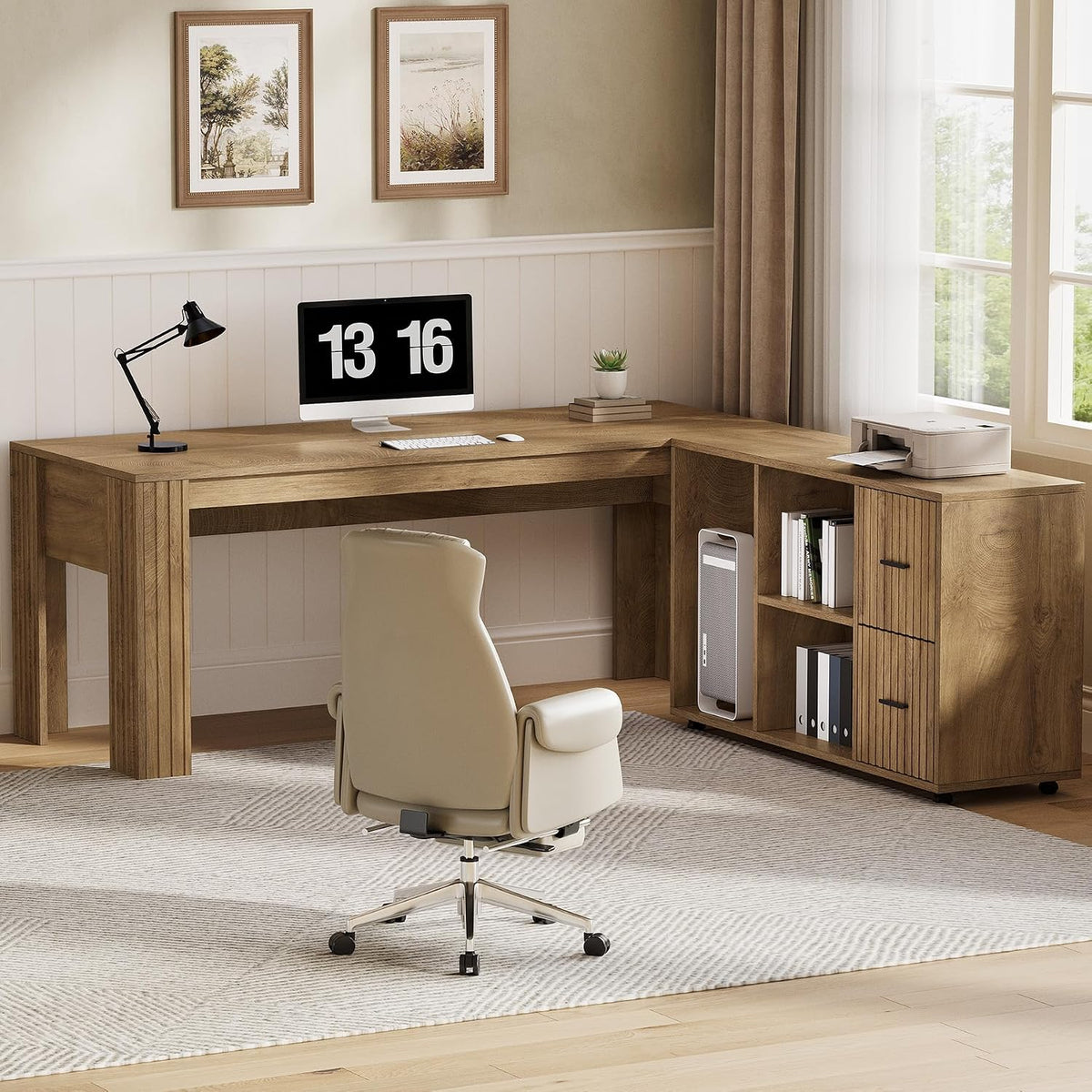 Tribesigns 63" L Shaped Executive Desk with Mobile File Cabinet, Brown