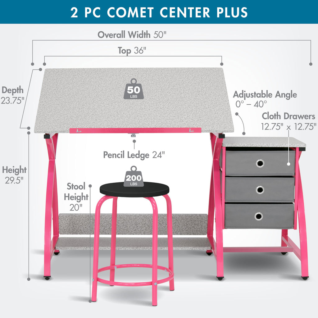 SD Studio Designs 2 Piece Comet Center Plus, Craft Table and Matching Stool Set with Storage and Adjustable Top, Silver/Black