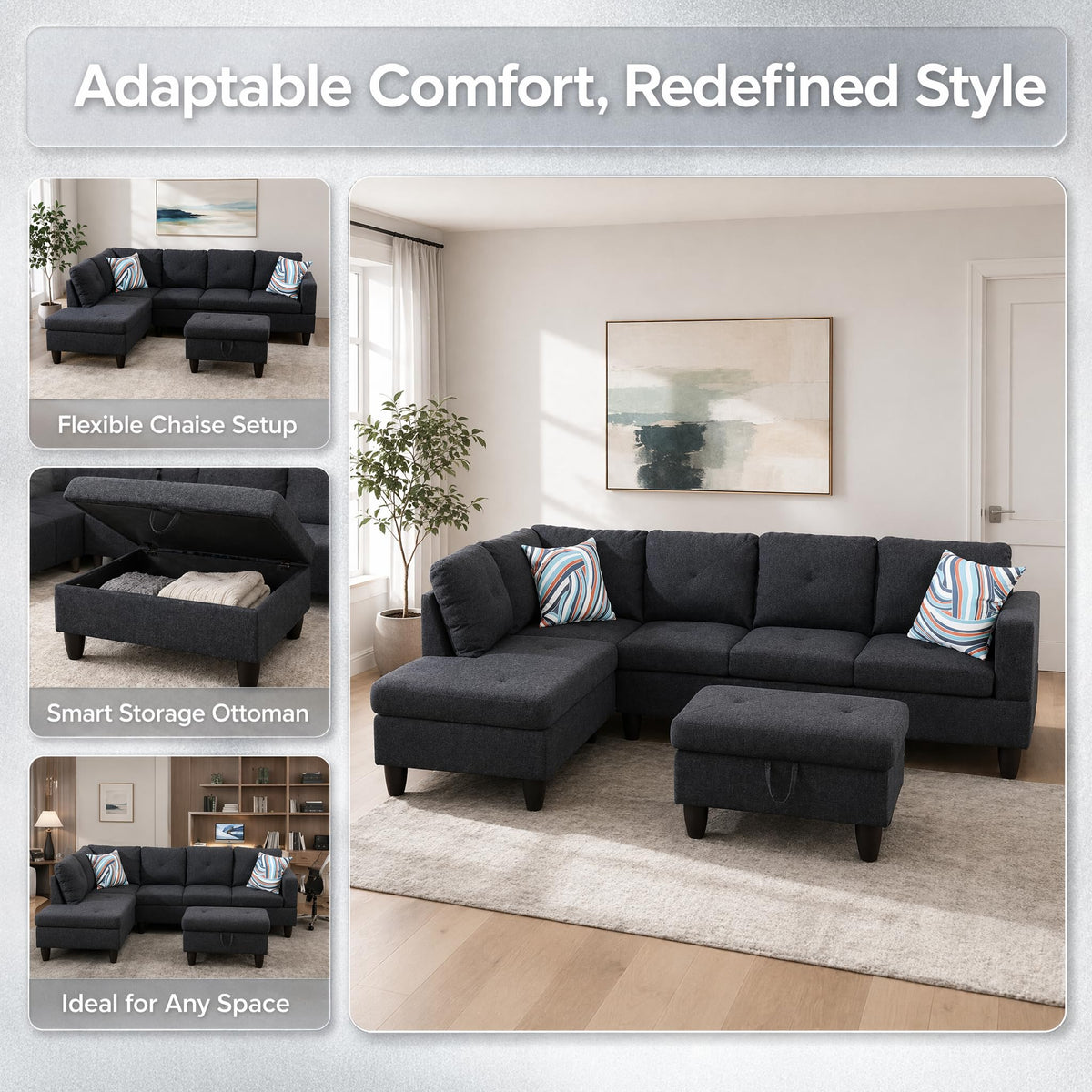 97.5" Leather L Shaped Couch with Left Chaise & Cup Holder, Sectional Sofas Modular Furniture Set with Storage Ottoman, Convertible Couches for Living Room, Office & Small Space (Black)