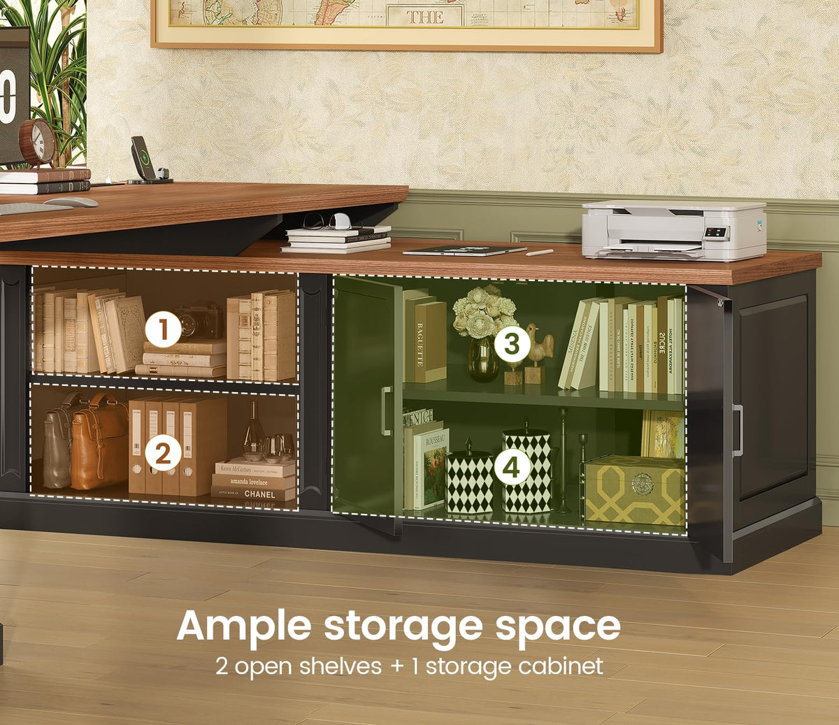 SEDETA Farmhouse 70.9" Executive Desk, Home Office Desk with File Drawers and Storage Cabinet, Computer Desk with Power Outlet for Home Office, Work Study Writing, Black+Brown