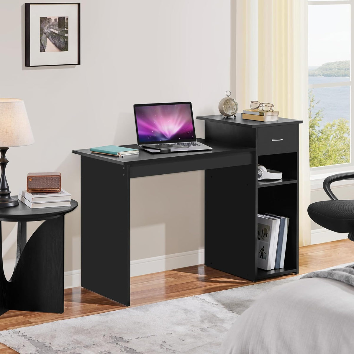 Yaheetech Black Computer Desk and Chair Set with Drawer, Shelves, Mesh Seat