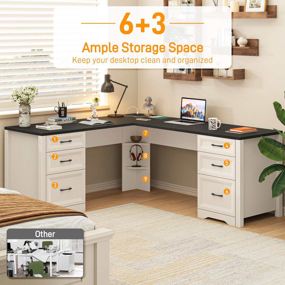Halitaa Farmhouse Home Office Desk with 6 Drawers, L Shaped Executive Desk with Power Outlets and Triangle Under-Desk Storage Shelf & Drawer File Cabinet, Corner Computer Desk, Grey