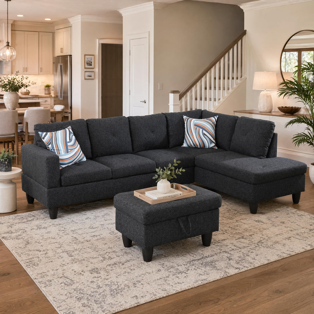 97.5" Leather L Shaped Couch with Left Chaise & Cup Holder, Sectional Sofas Modular Furniture Set with Storage Ottoman, Convertible Couches for Living Room, Office & Small Space (Black)