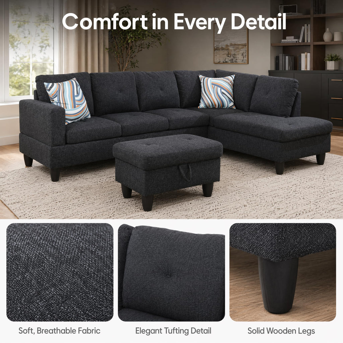 97.5" Leather L Shaped Couch with Left Chaise & Cup Holder, Sectional Sofas Modular Furniture Set with Storage Ottoman, Convertible Couches for Living Room, Office & Small Space (Black)