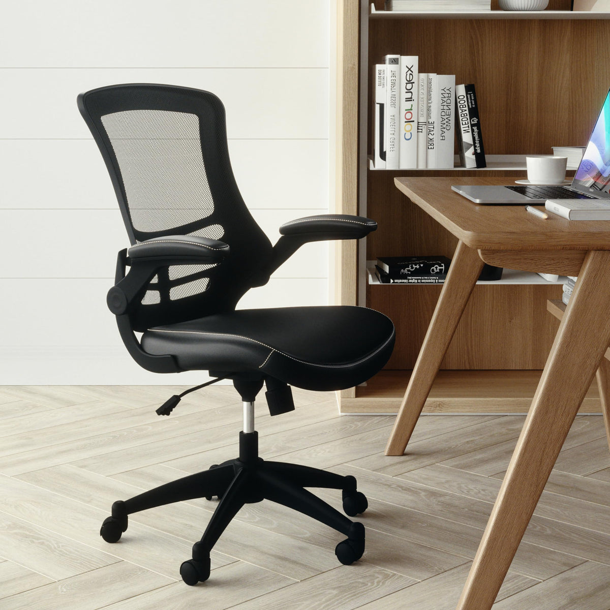 Flash Furniture Set of 4 Mid-Back Swivel Ergonomic Task Office Chairs with Flip-Up Arms, Black Mesh