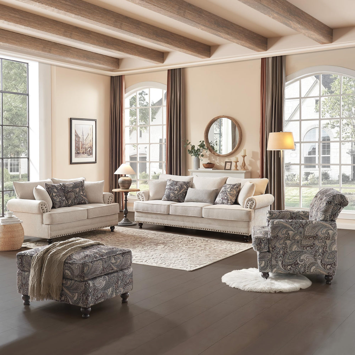 Modern Farmhouse Loveseat Sofa, Chenille Upholstery with Nailhead Trim, Small Couch for Living Room, Bedroom, Office, or Apartment, Includes 4 Accent Pillows