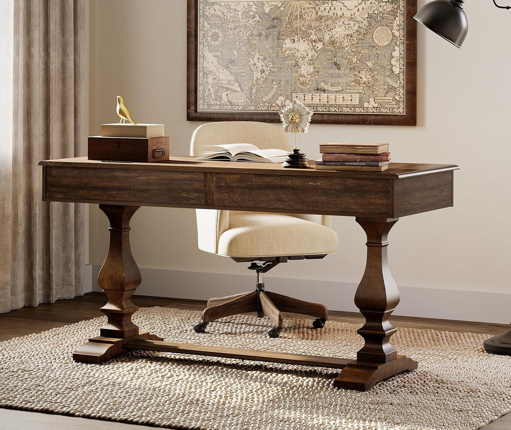 WAMPAT 60-inch Vintage Farmhouse Desk with Charging Station &3 Deep Drawers