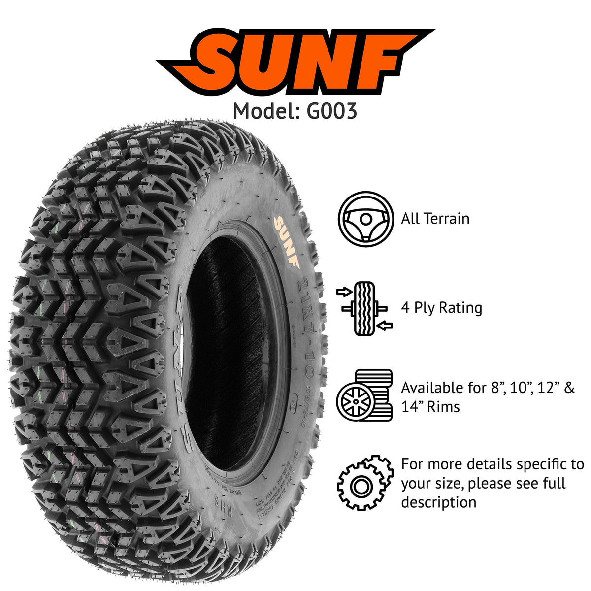 Set of 2 SunF G003 20x10-8 Riding Mower Tires, Turf Tires 20x10-8, Tractor Tires, Rim(s) NOT included