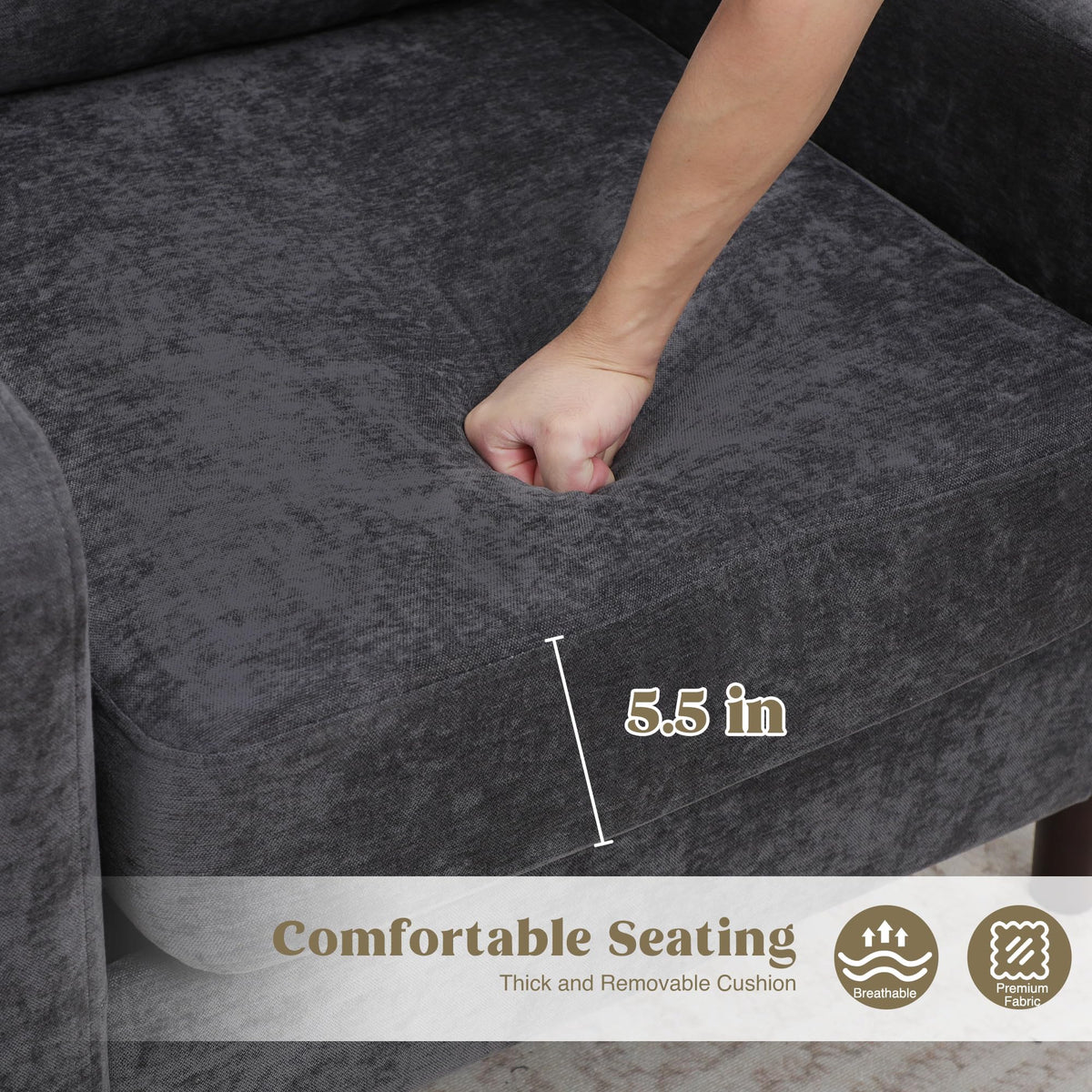 Accent Chair Set of 2, Upholstered Living Room Chairs with Wood Legs and Side Pockets, Modern Reading Chair for Bedroom, Armchair Single Sofa Side Chair for Office, Small Room, Dark Grey