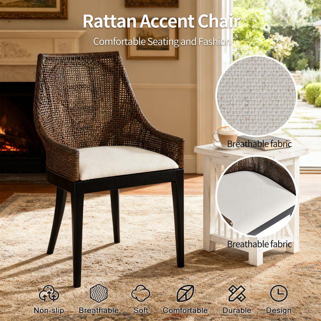 DUHOME 2 Sets Wood Rattan Arm Accent Chairs Natural Wash/White Cushion