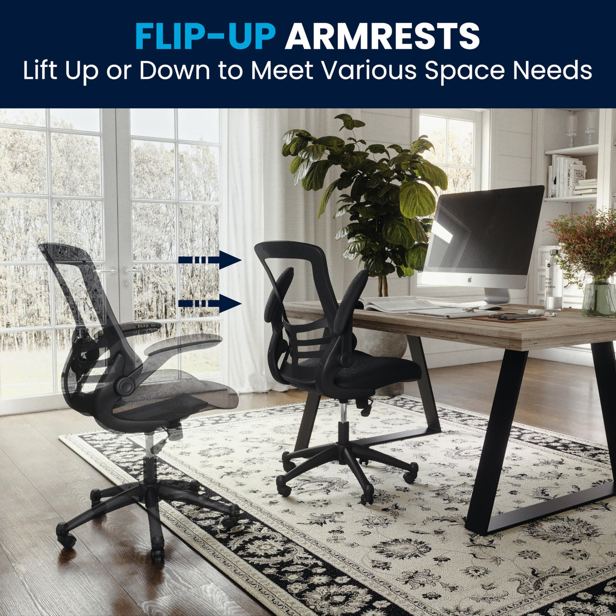 Flash Furniture Set of 4 Mid-Back Swivel Ergonomic Task Office Chairs with Flip-Up Arms, Black Mesh