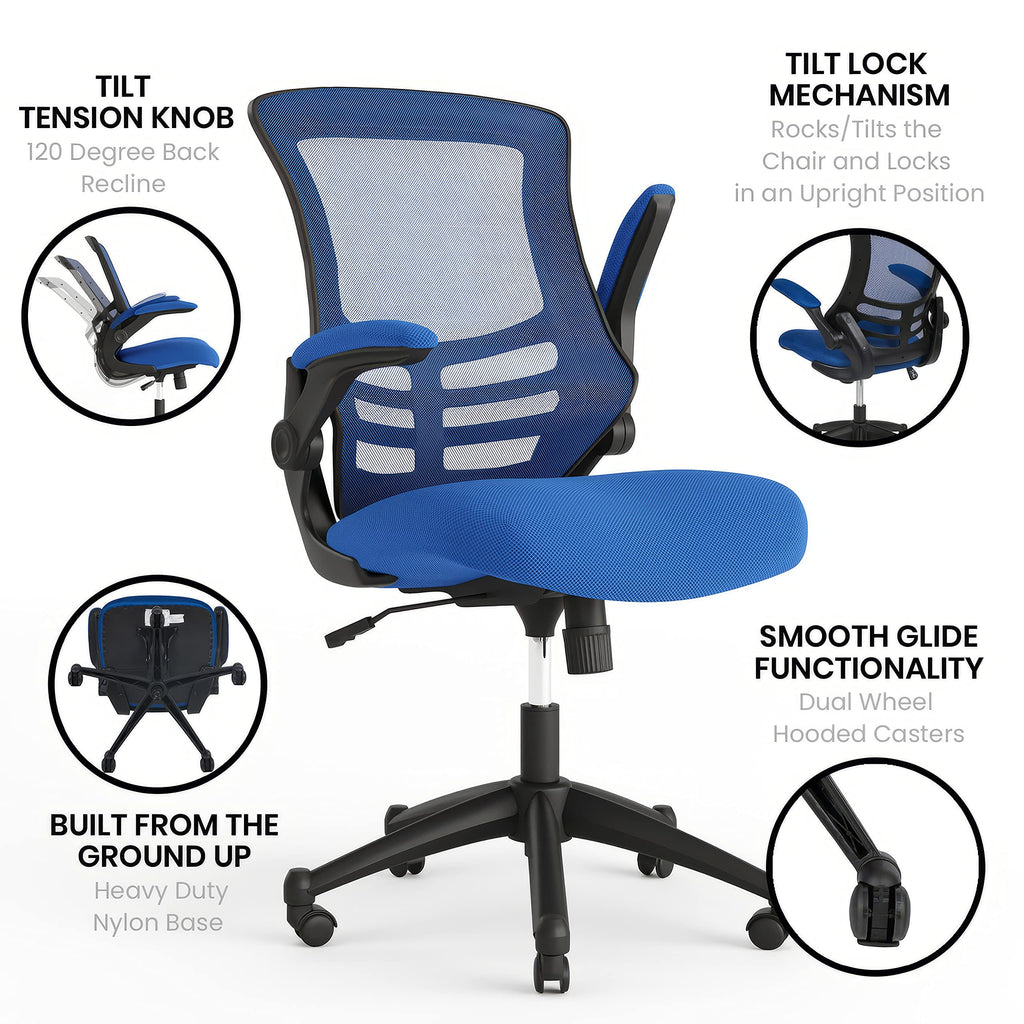 Flash Furniture Set of 4 Mid-Back Swivel Ergonomic Task Office Chairs with Flip-Up Arms, Black Mesh