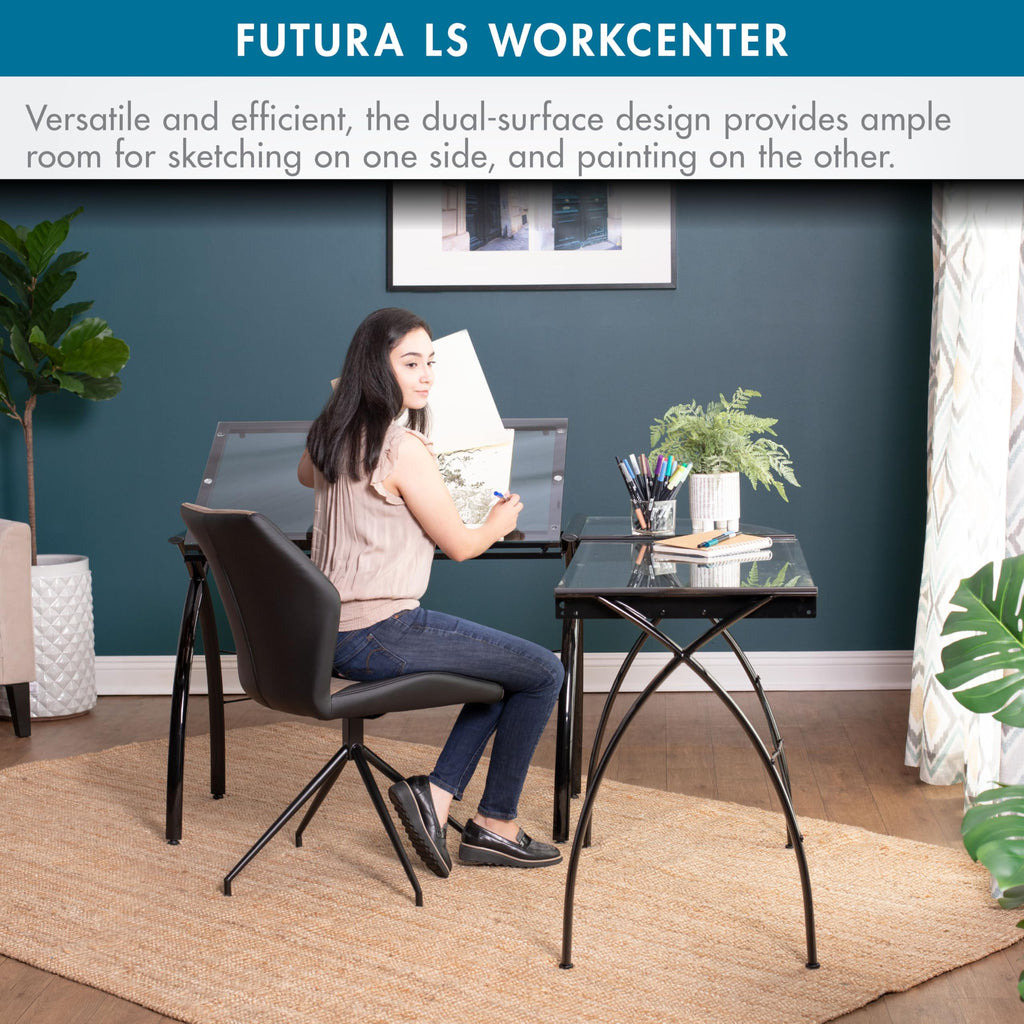 SD STUDIO DESIGNS Futura LS WorkCenter with Tilt Top Adjustable Drafting Table Craft Table Drawing Desk Hobby Table Writing Desk Studio Desk, Silver / Blue Glass