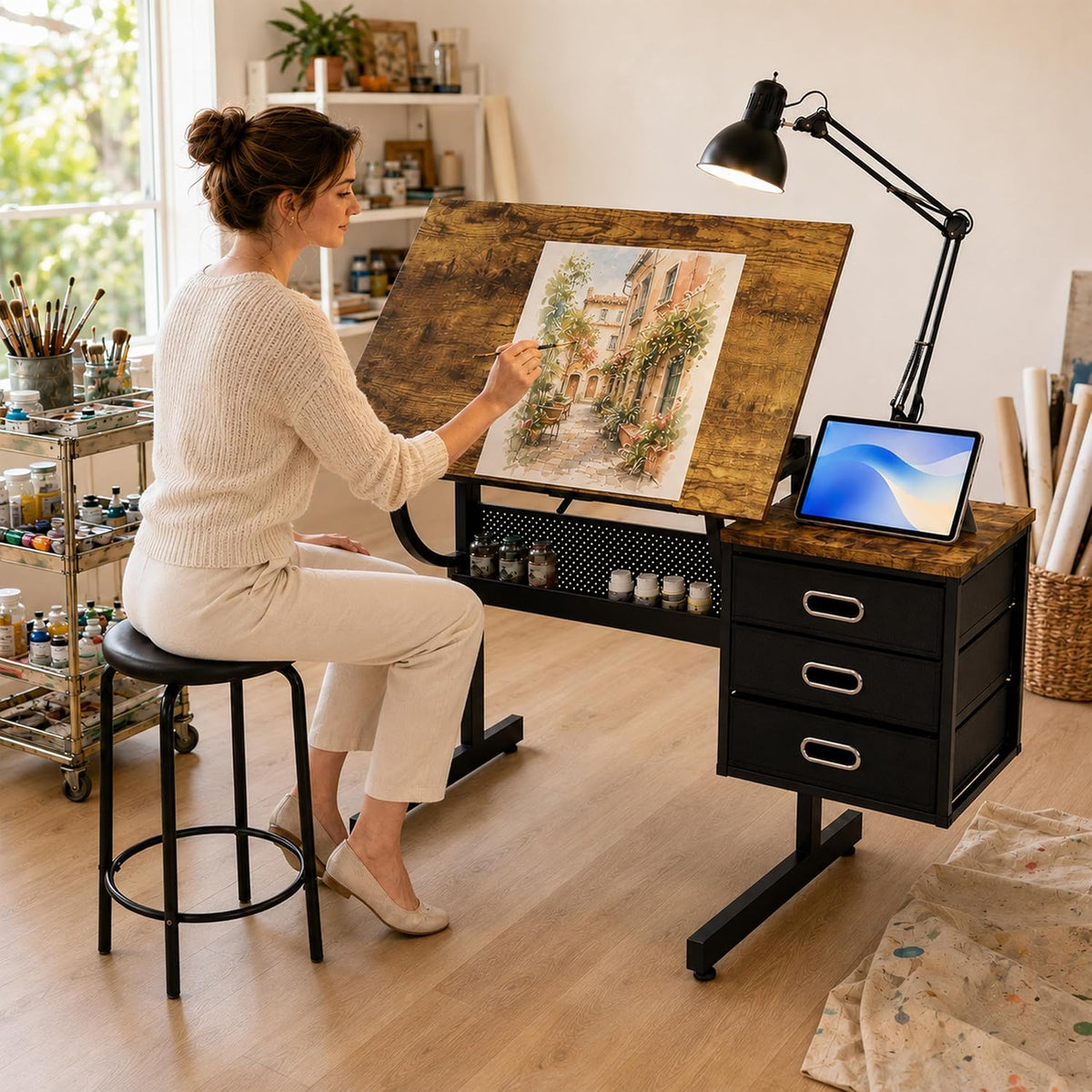 Artist Desks, Drafting Table with Stool & 3 Storage Drawersï¼Black