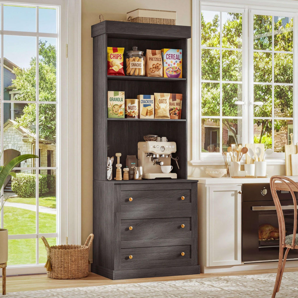 Vyre 71" Black Modular Farmhouse Bookcase Set of 3, Expandable Storage Cabinets with Glass Doors or Drawers for Home Office and Study Room