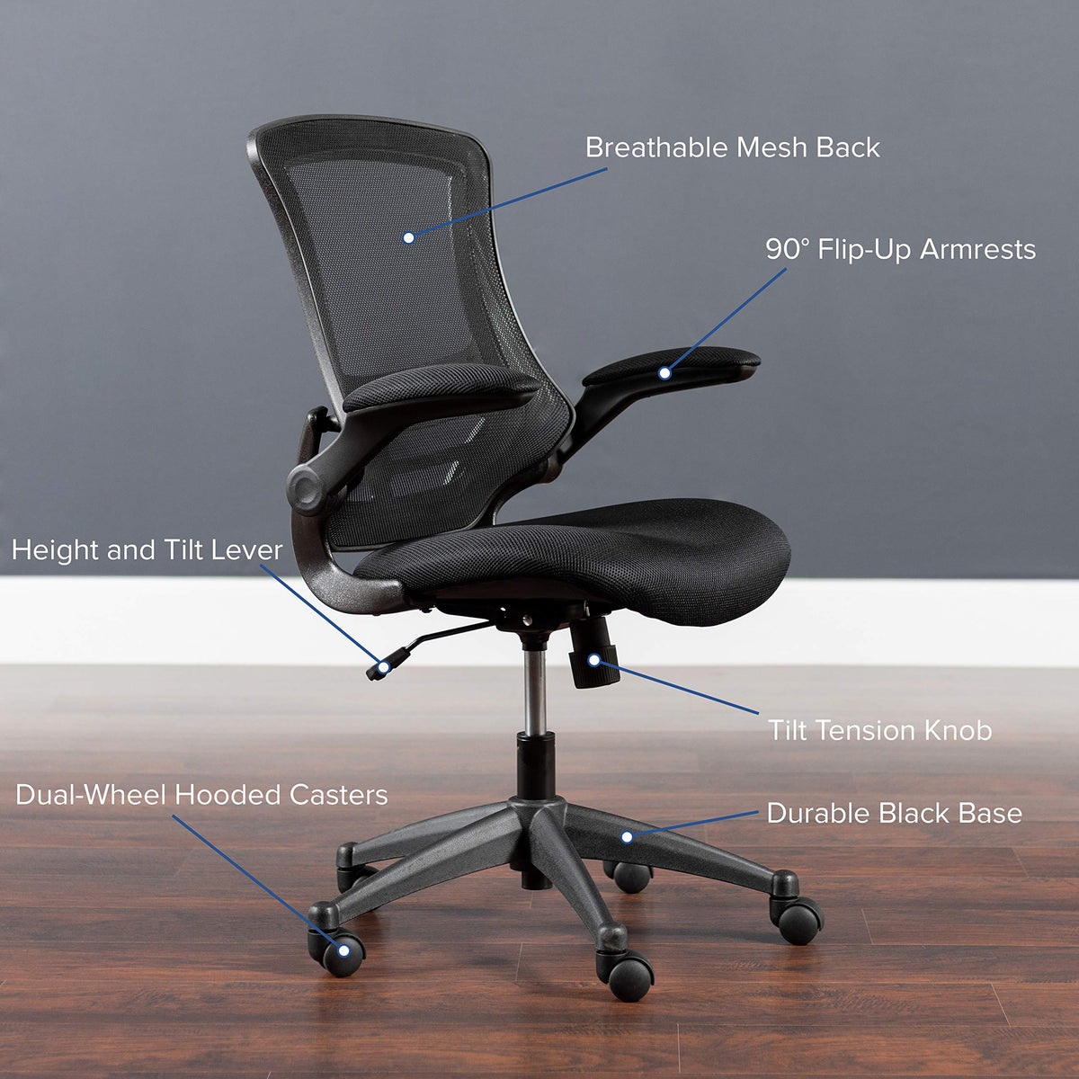 Flash Furniture Set of 4 Mid-Back Swivel Ergonomic Task Office Chairs with Flip-Up Arms, Black Mesh