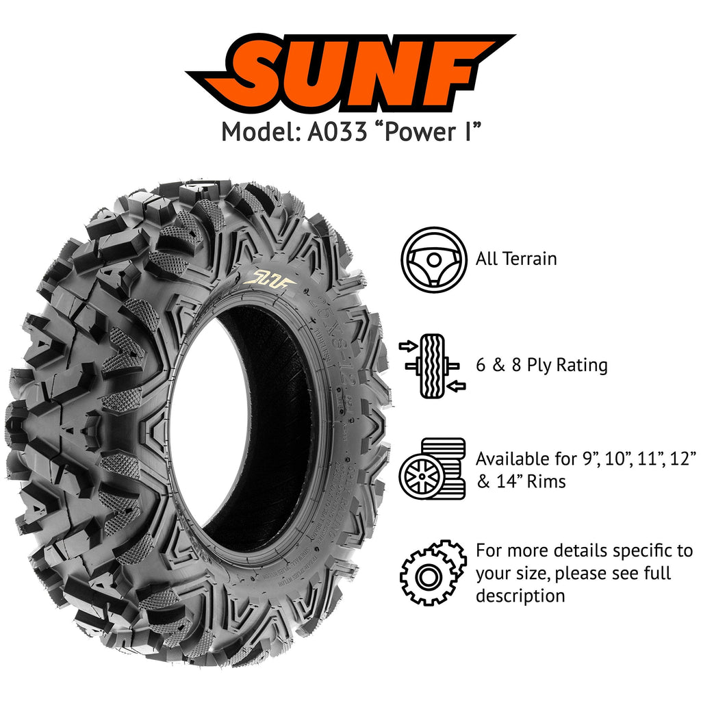 Set of 4 SunF Power.I ATV UTV all-terrain Tires 25x8-12 Front & 25x10-12 Rear, 6 PR, Tubeless A033