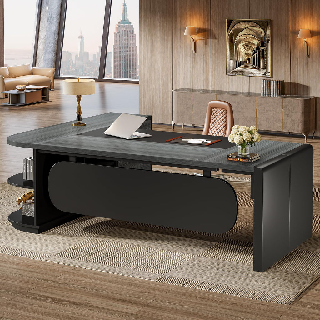 Tribesigns 81-Inch L-Shaped Office Desk, Large Commercial Office Desk with Drawers and File Cabinet, Modern Professional Business Furniture Workstations with Storage Shelves, Brown & Black
