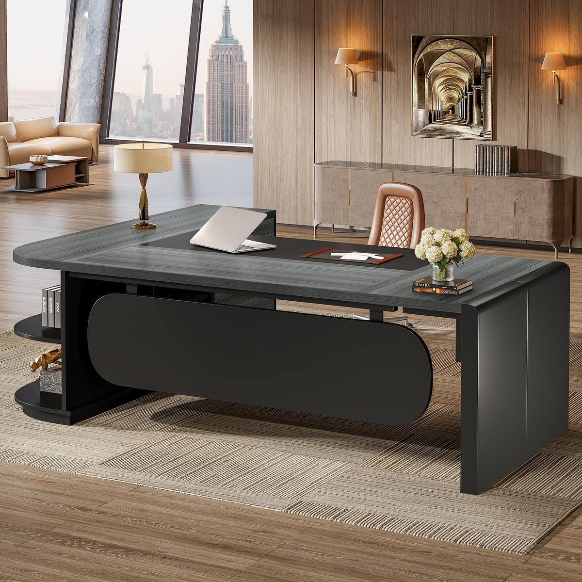 Tribesigns 81-Inch L-Shaped Office Desk, Large Commercial Office Desk with Drawers and File Cabinet, Modern Professional Business Furniture Workstations with Storage Shelves, Brown & Black